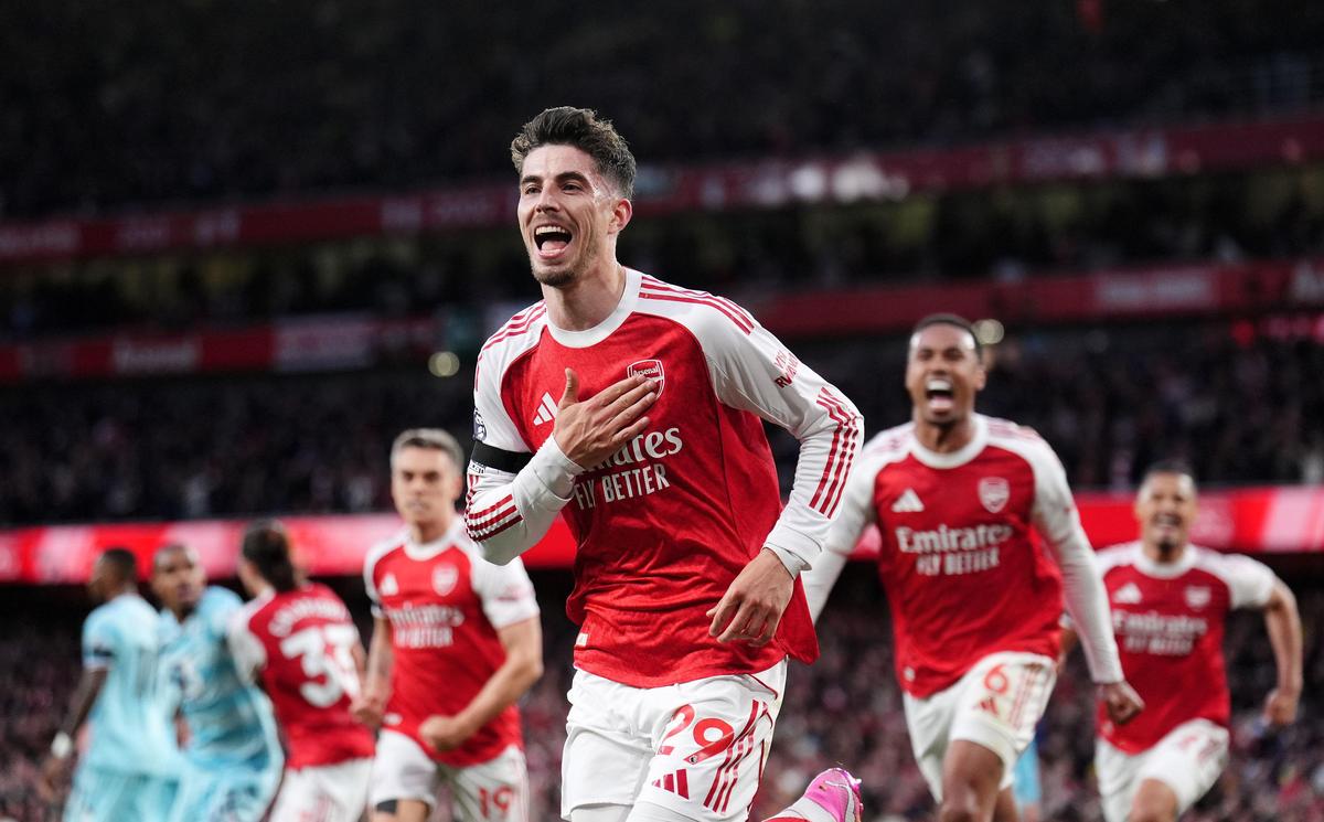 Arsenal's Kai Havertz celebrates scoring their side's first goal during the English Premier League match between Arsenal and Burnley on May 18, 2026
