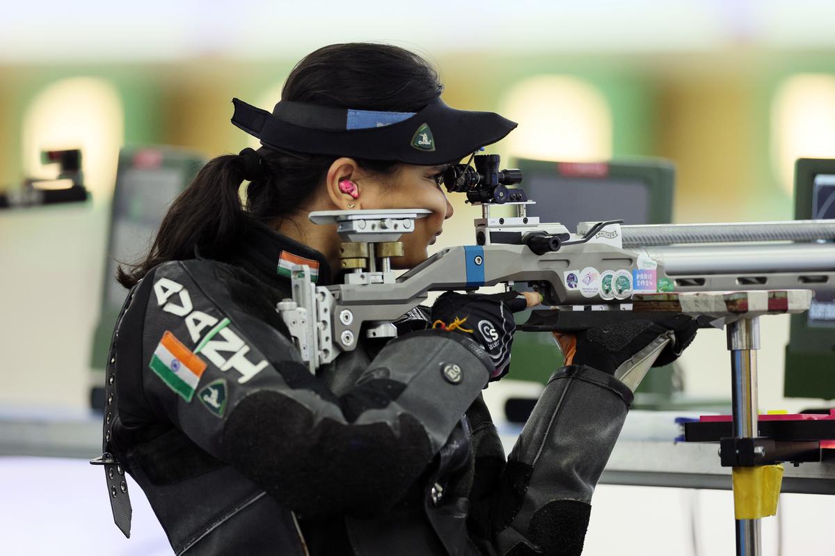 Avani Lekhara of Team India competes during the Women’s 10m Air Rifle Standing SH1 Qualification round on day two of the Paris 2024 Summer Paralympic Games at Chateauroux Shooting Centre on August 30, 2024 in Chateauroux, France.