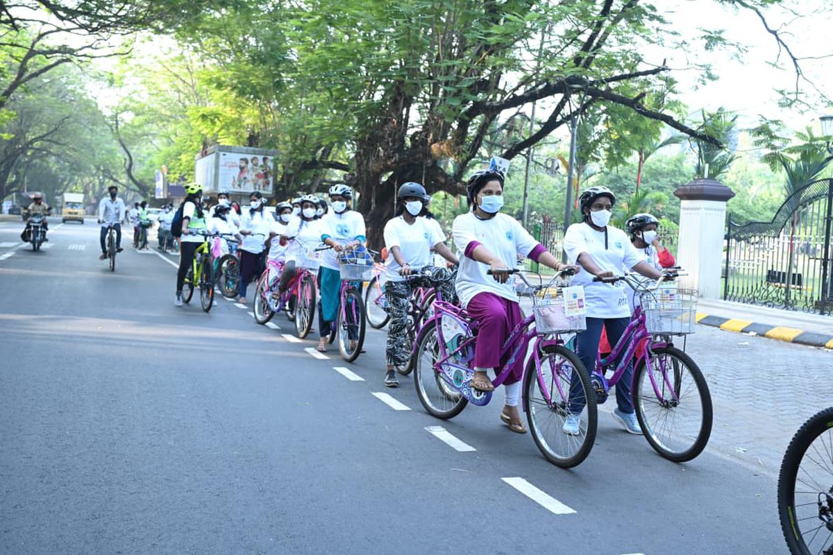 Women who learned cycling under the Cycle With Kochi programme at a Cycle Rally on March 13, 2022