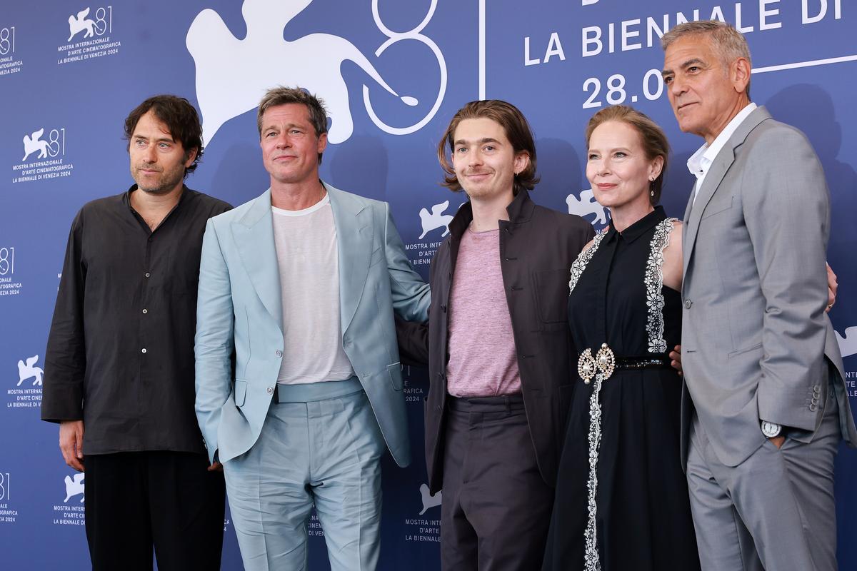 Director Jon Watts, Brad Pitt, Austin Abrams, Amy Ryan and George Clooney attend the ‘Wolfs’ photocall during the 81st Venice International Film Festival at Palazzo del Casino 