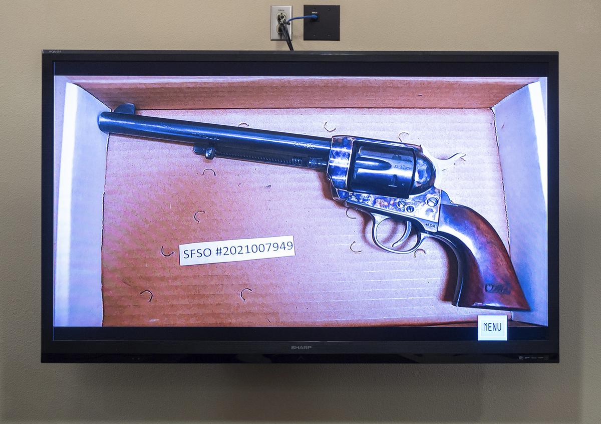 The revolver that actor Alec Baldwin was holding and fired, killing cinematographer Halyna Hutchins and wounding the filmâs director, Joel Souza, is displayed during the trial against Hannah Gutierrez-Reed, in Santa Fe, N.M., Thursday, Feb. 22, 2024.