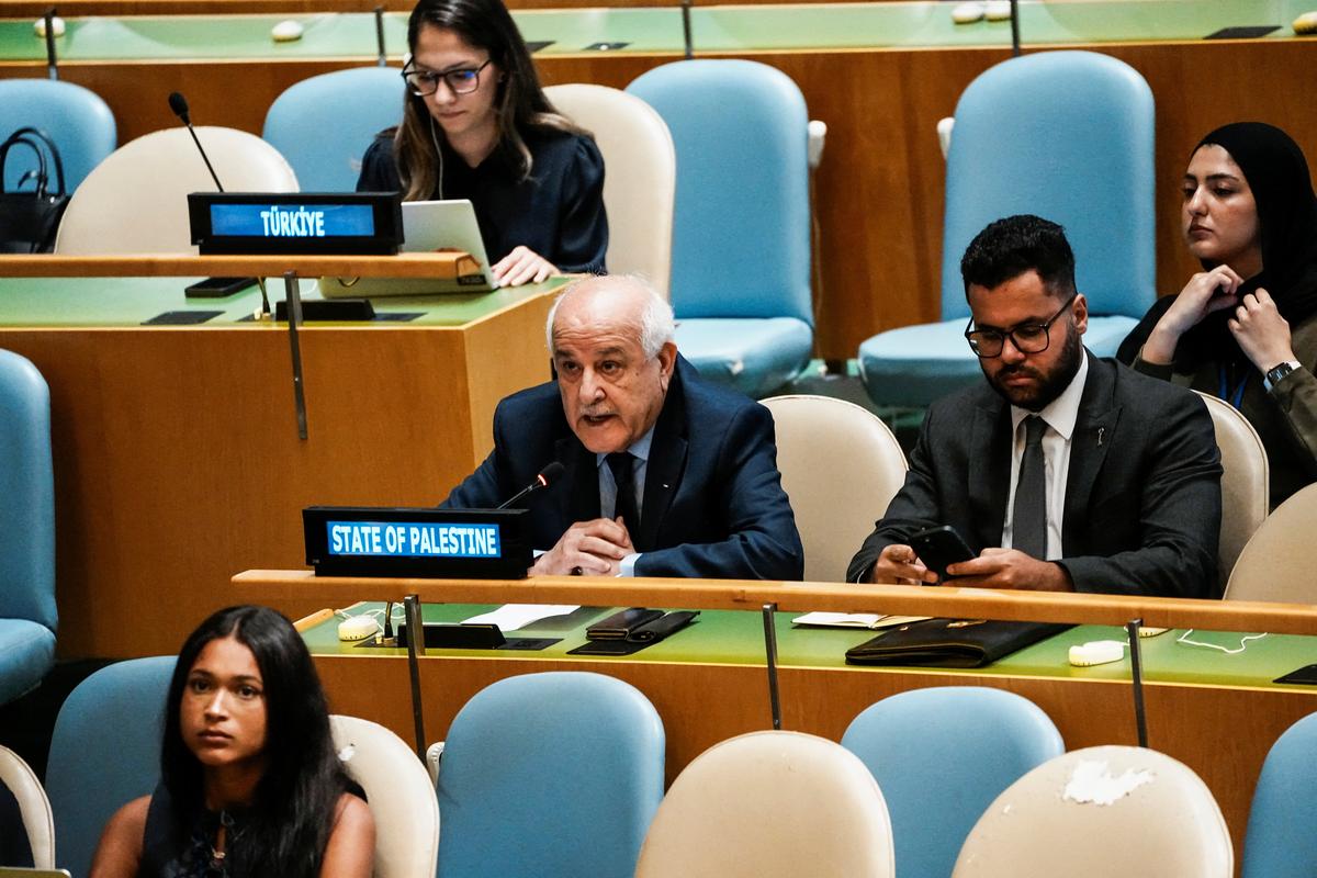 Riyad H. Mansour, Palestinian Permanent Observer to the United Nations, addresses delegates after the United Nations General Assembly vote on the Question of Palestine and the Implementation of the Two-State Solution, at U.N. headquarters