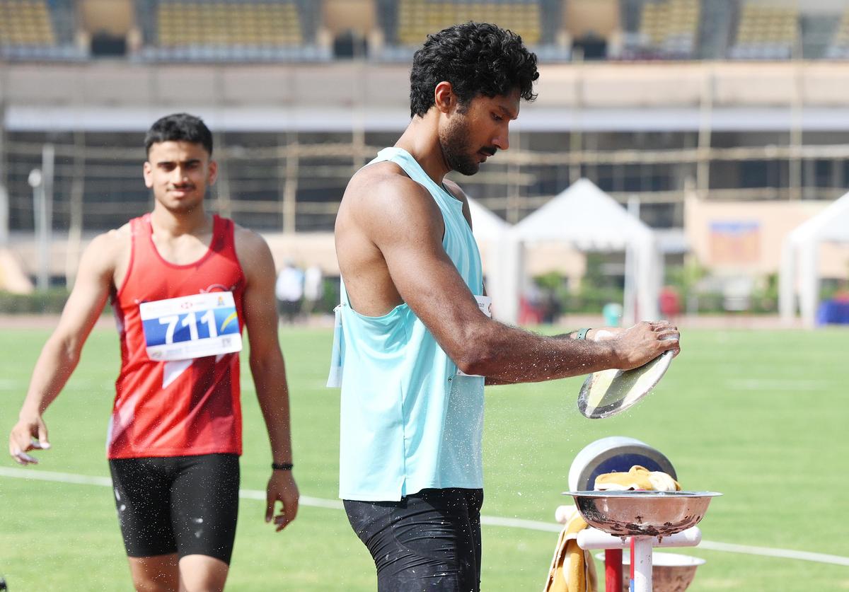 New high: Tejaswin Shankar preps his discus on way to breaching the 8000 point mark in decathlon event in the 29th National Senior Athletics Federation Competition 2026 at the Birsa Munda stadium in Ranchi on Satuday, 23 May 2026.