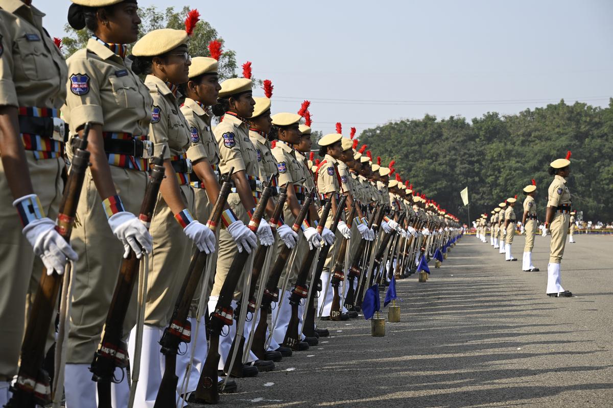 New recruits of the Stipendiary Cadet Trainee Police Constables (SCTPCs) take part in their passing out parade at the RBVRR Police Academy in Hyderabad on Thursday (November 21, 2024)