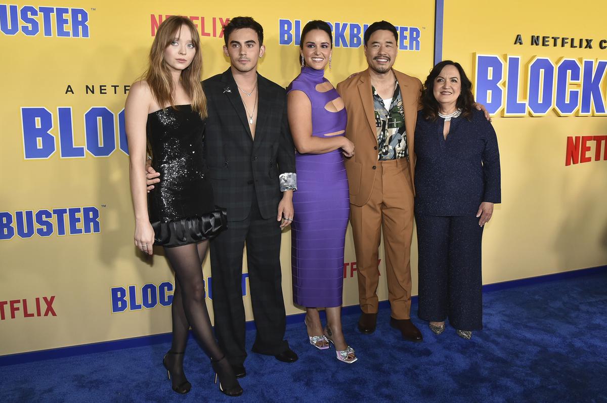 Madeleine Arthur, from left, Tyler Alvarez, Melissa Fumero, Randall Park and Olga Merediz arrive at special screening of ‘Blockbuster’