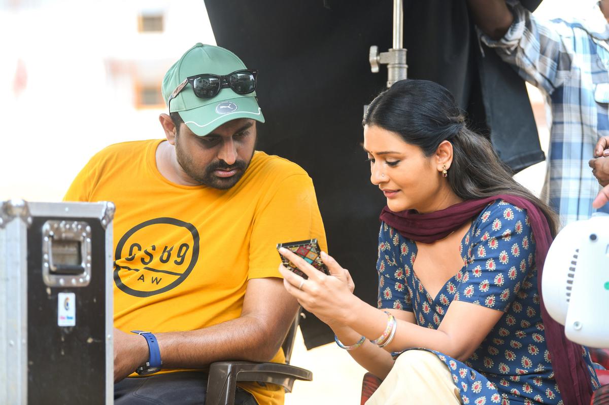 Director Ajay Bhupathi and actor Payal Rajput on the sets of 'Mangalavaaram'.