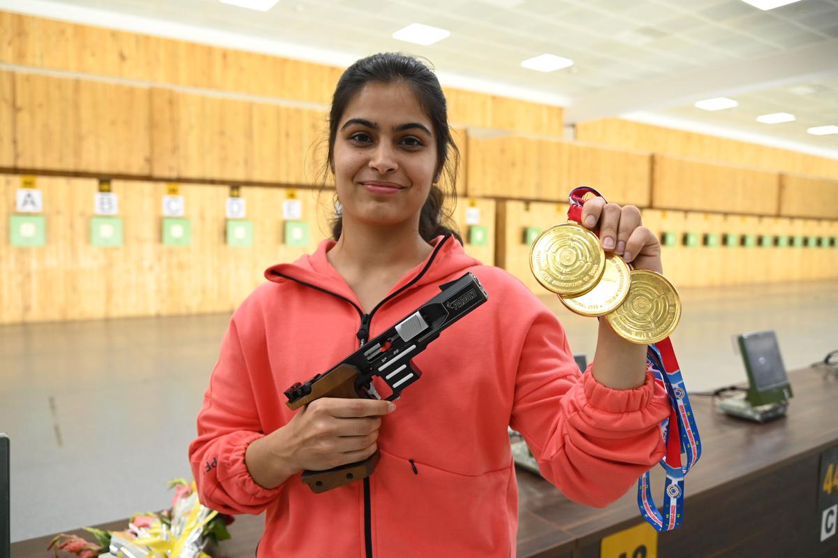 Manu Bhaker from Haryana won three gold medals in the 65th National shooting championship in Bhopal on Monday, December 12, 2022.