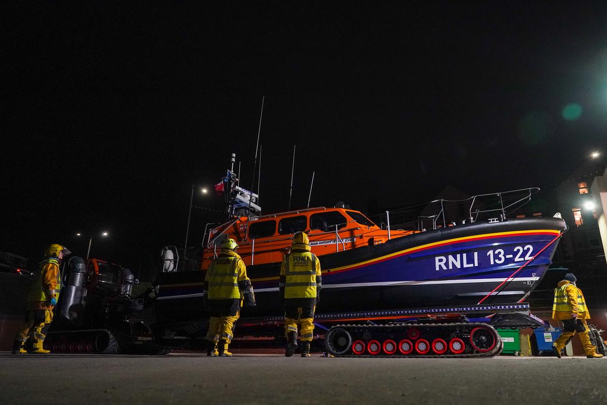 The Royal National Lifeboat Antony Patrick Jones returns safely with crew to Bridlington RNLI station after taking part in rescue operations after two vessels collided in the North Sea on March 10, 2025 in Bridlington, England. 