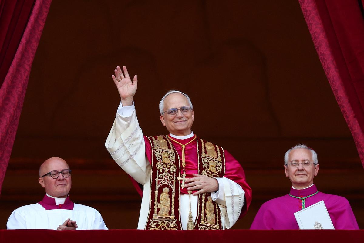 Newly elected Pope Leo XIV, Cardinal Robert Prevost of the United States appears on the balcony of St. Peter’s Basilica, at the Vatican on May 8, 2025. 