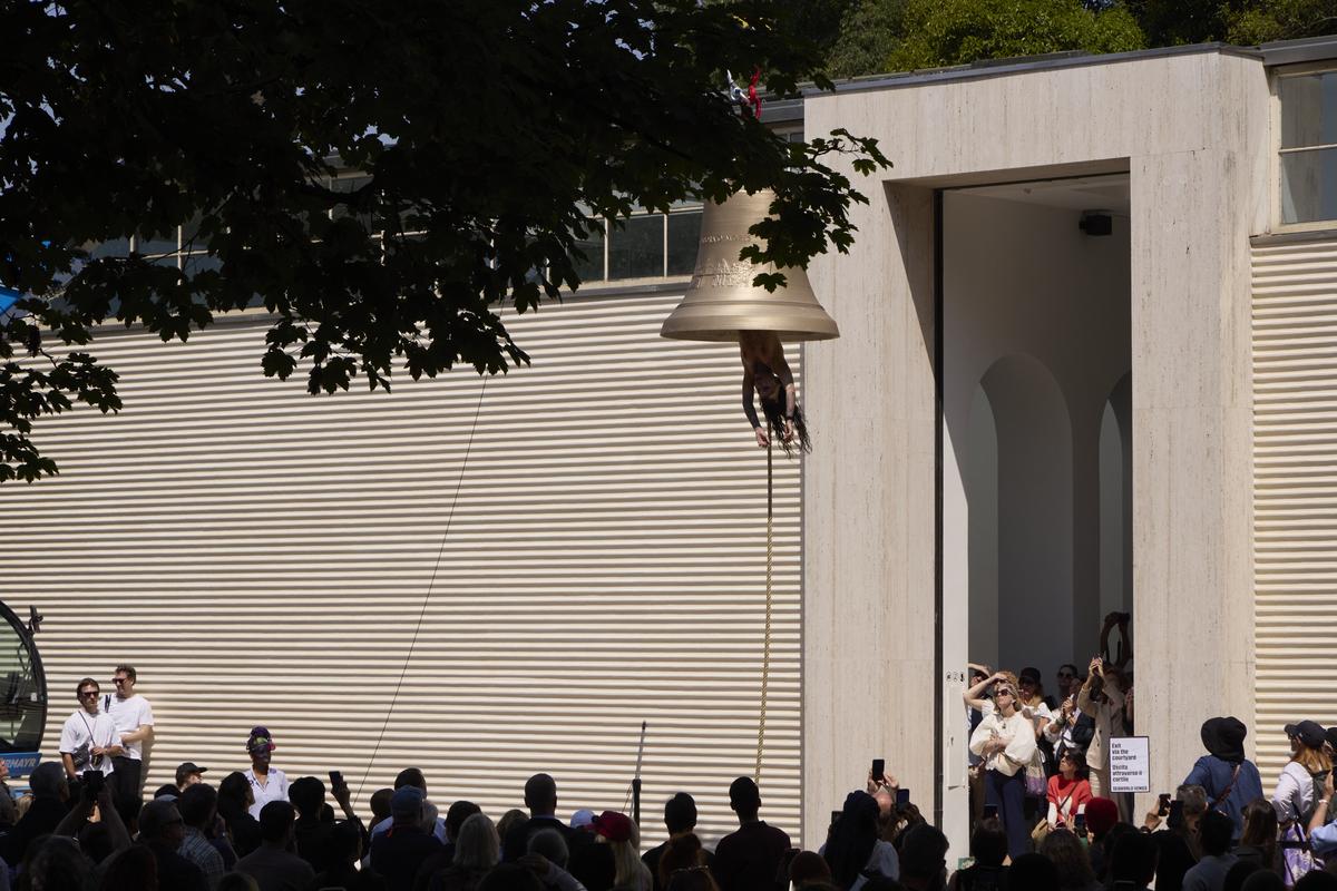 Austrian artist Florentina Holzinger performs to raise awareness about the climate emergency on the opening day of the Biennale