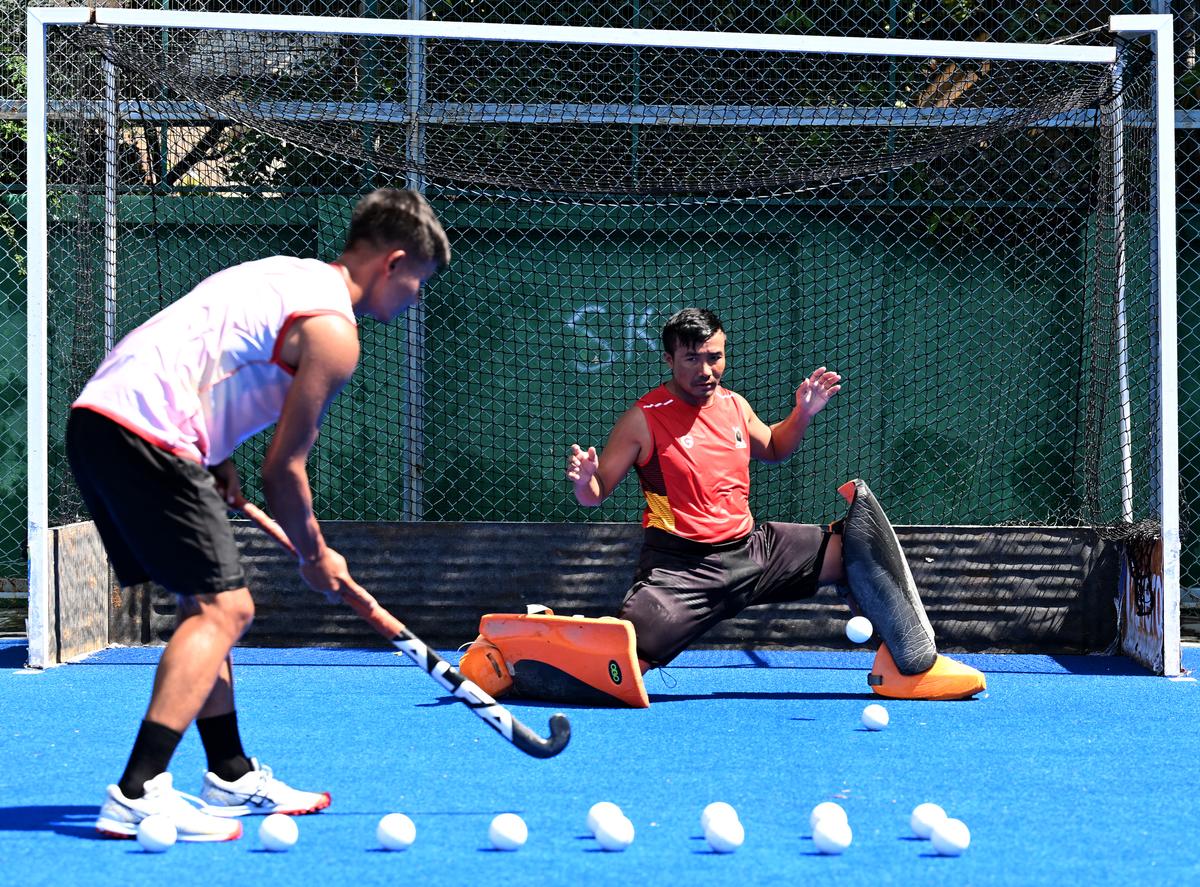 Manipur hockey team players at a training session at the Mayor Radhakrishnan Stadium, Chennai, on Thursday, during the 14th Hockey India senior men’s National championship. 