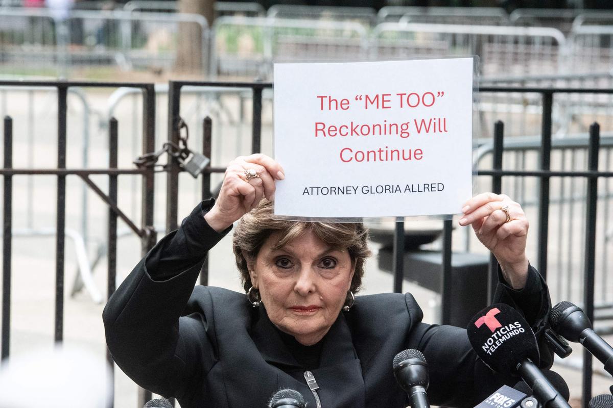 Gloria Allred, lawyer for some of Harvey Weinstein’s victims, holds up a sign referencing the “Me Too” movement outside of Criminal Court on May 1, 2024, in New York City. The New York State Court of Appeals overturned Weinstein’s 2020 rape conviction last Thursday and New York County District Attorney Alvin Bragg will decide whether to retry him.