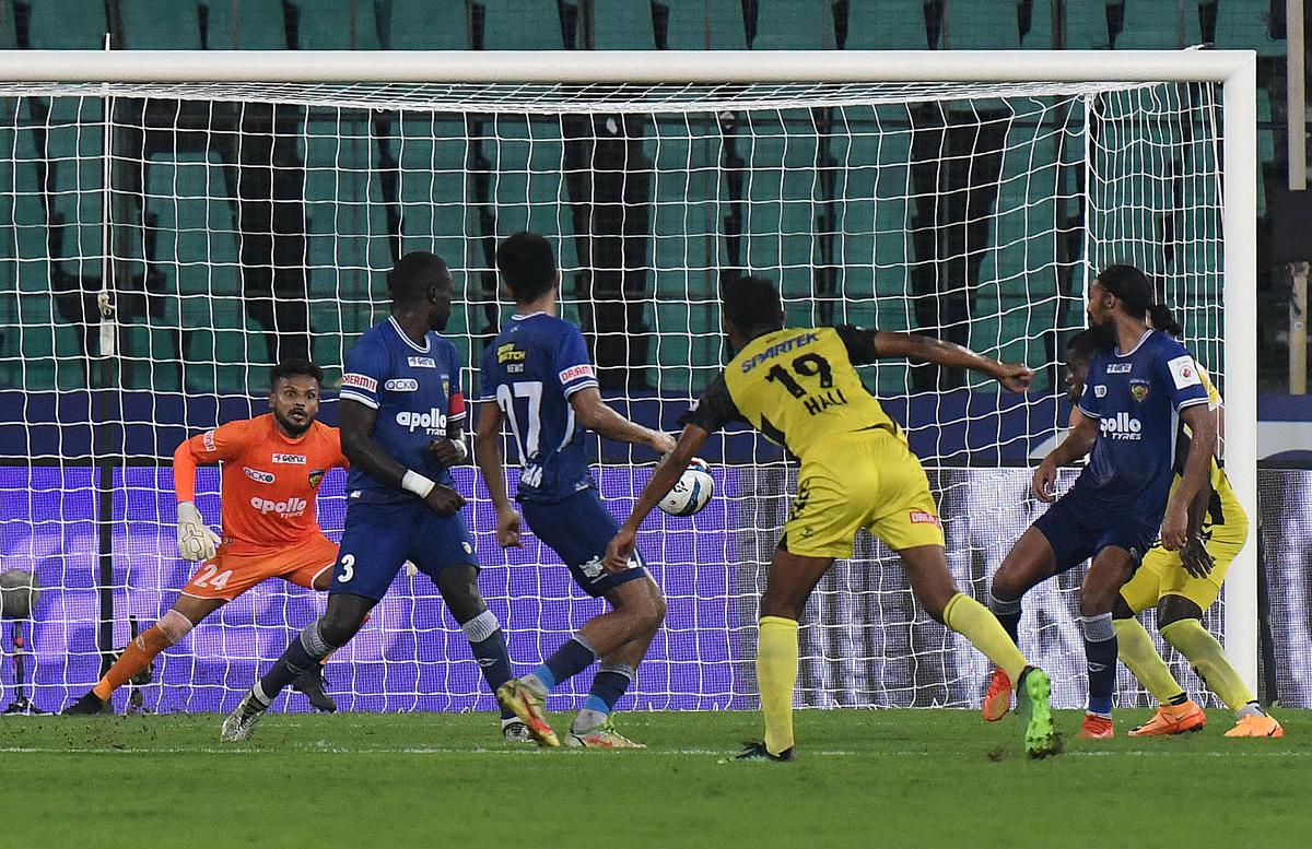 Halicharan Narzary (centre) of Hyderabad  scoring the first goal against Chennaiyin FC  during the Hero Indian Super League football match at the Jawaharalal Nehru Stadium in Chennai on Saturday, December 3, 2022.