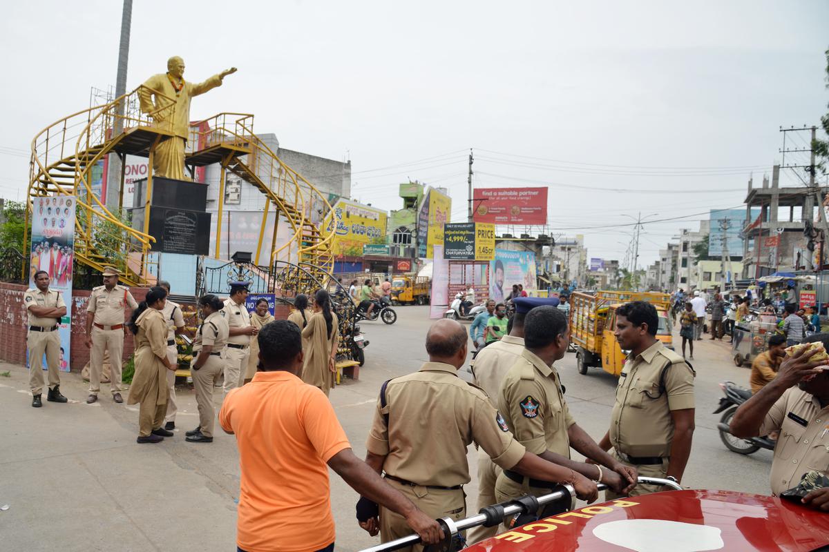 Police personnel deployed at the NTR Circle Center near Addanki bus stand centre in Ongole on Sunday. 