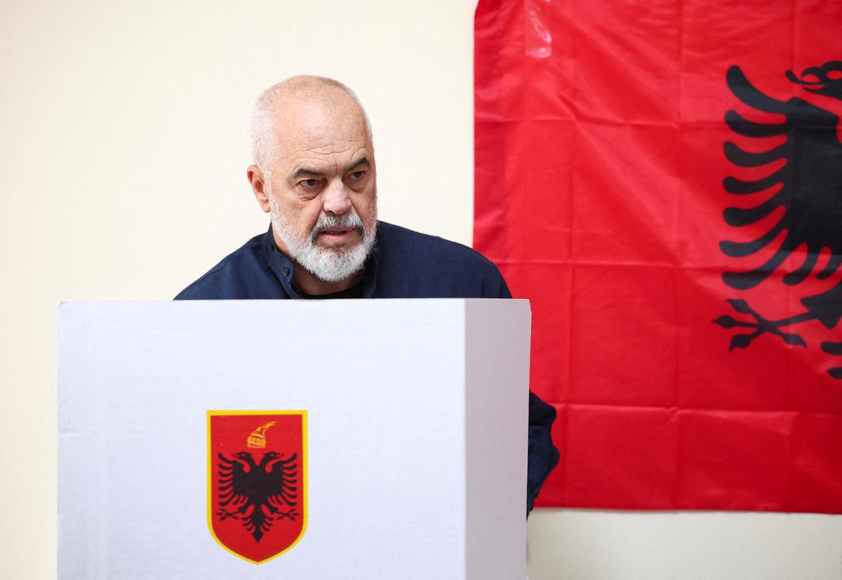 Prime Minister of Albania Edi Rama, leader of the Socialist Party, votes during parliamentary election in Tirana, Albania, on May 11, 2025.