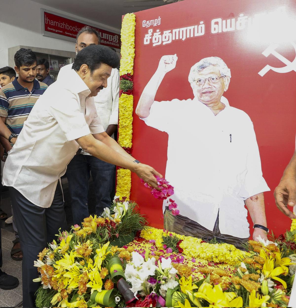 Tamil Nadu Chief Minister M.K. Stalin pays tribute to Sitaram Yechury’s portrait at Tamil Nadu State Council office, in Chennai.