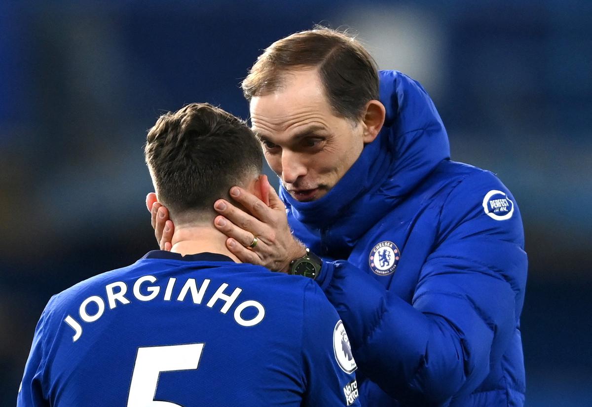 File picture of former Chelsea manager Thomas Tuchel with player Jorginho