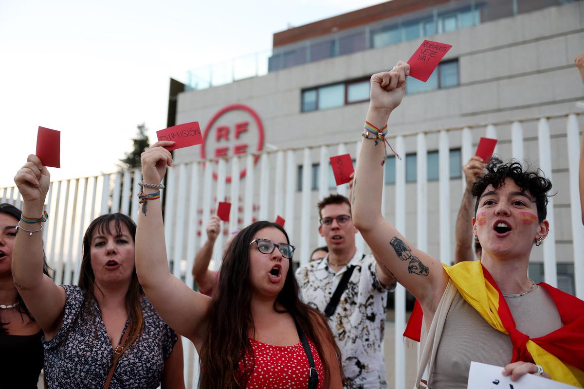 People protest against President of the Royal Spanish Football Federation Luis Rubiales in Las Rozas, Spain, on August 25, 2023