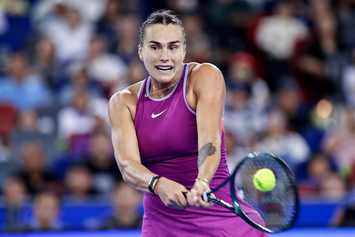 Aryna Sabalenka in action against Coco Gauff in the Women’s singles semifinal match in Wuhan on October 12, 2023.