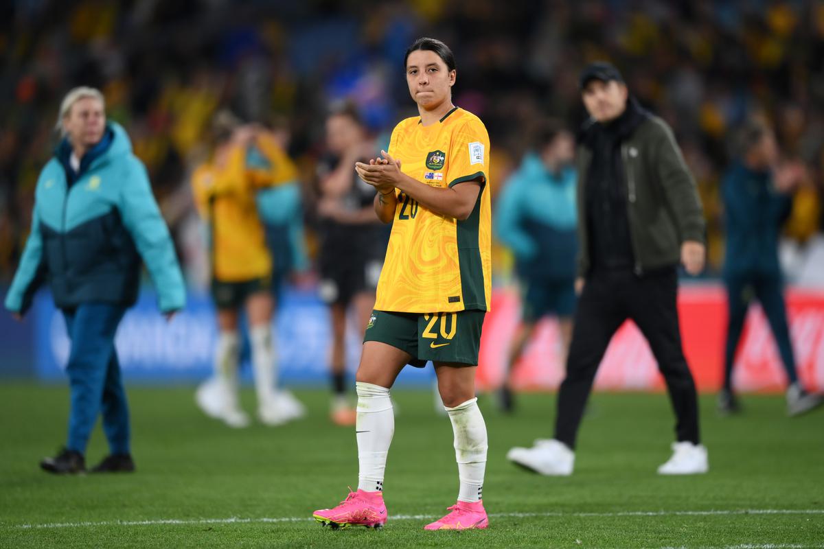 Sam Kerr of Australia looks dejected after the team’s 1-3 defeat on August 16, 2023 in Sydney, Australia. 