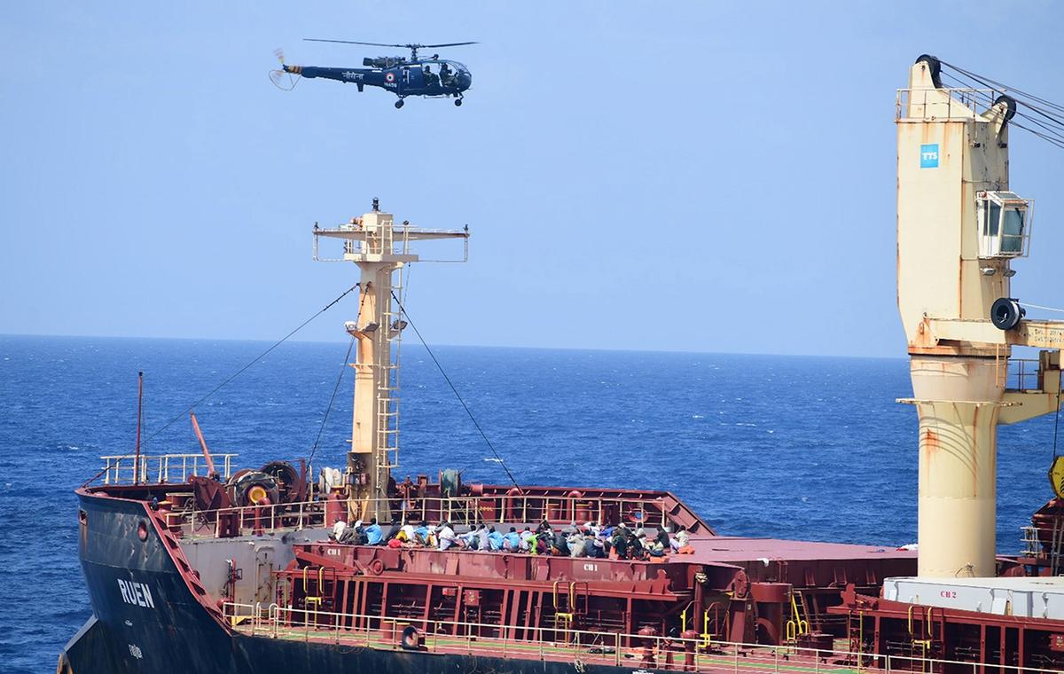 An Indian Navy helicopter during an anti-hijacking operation. The Navy successfully cornered and coerced all 35 pirates to surrender & ensured safe evacuation of 17 crew members onboard MV Ruen. An Indian Navy helicopter during an anti-hijacking operation. The Navy successfully cornered and coerced all 35 pirates to surrender & ensured safe evacuation of 17 crew members onboard MV Ruen.