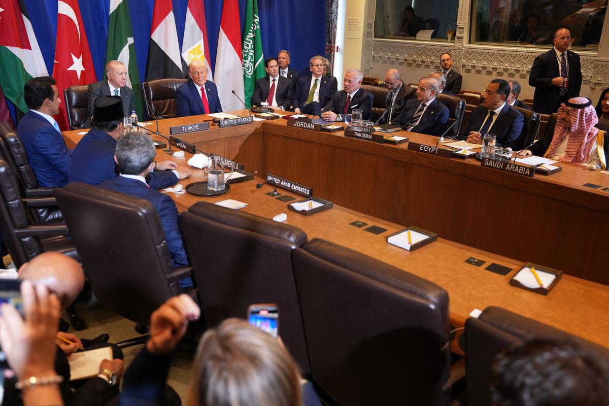 Donald Trump attends a multilateral meeting with leaders of Qatar, Jordan, Turkey, Pakistan, Indonesia, Egypt United Arab of Emirates and Saudi Arabia, during the United Nations General Assembly