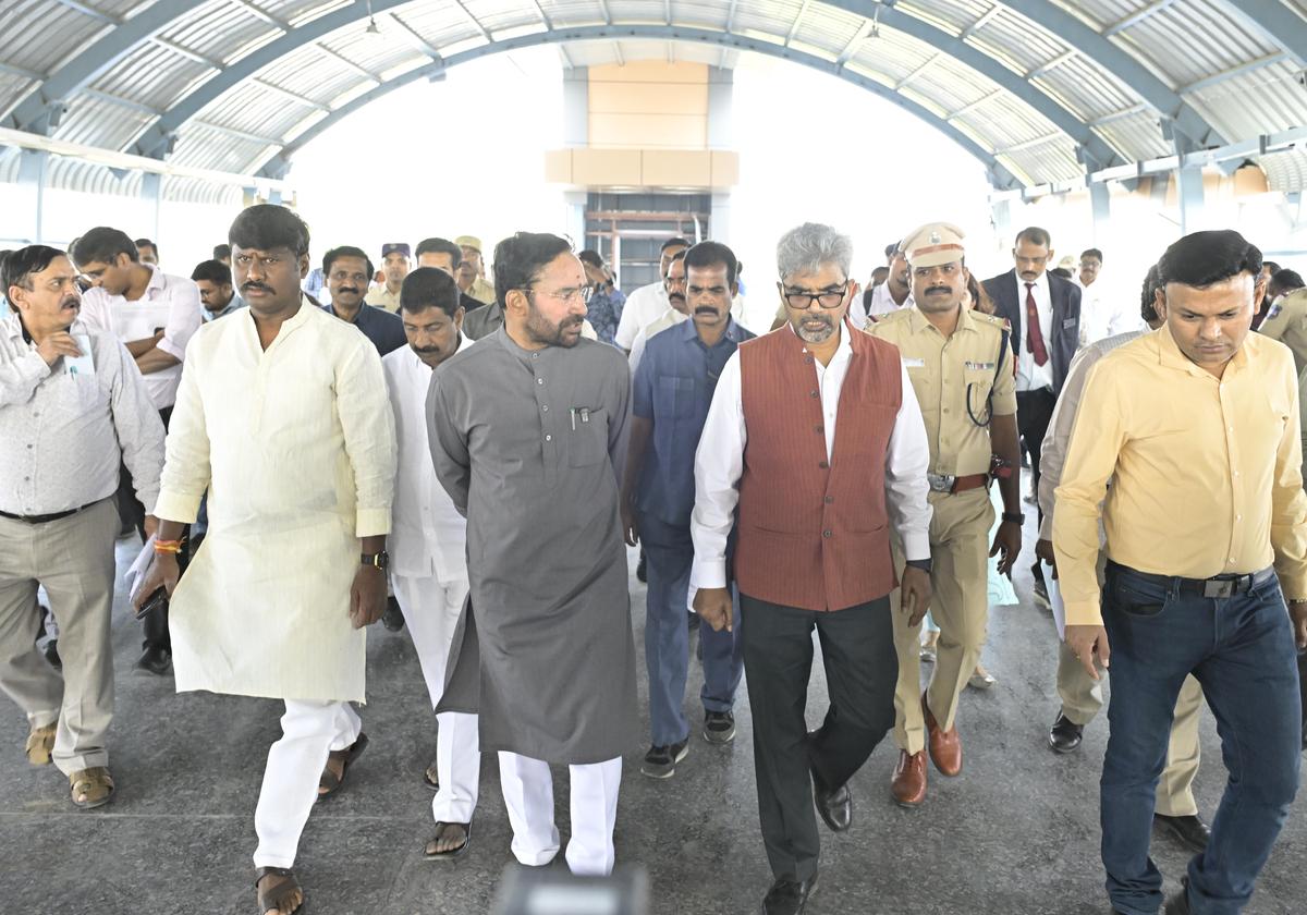 Union Minister for Coal and Mines G. Kishan Reddy inspects the ongoing redevelopment works at Hitec City Railway Station in Hyderabad on Friday.