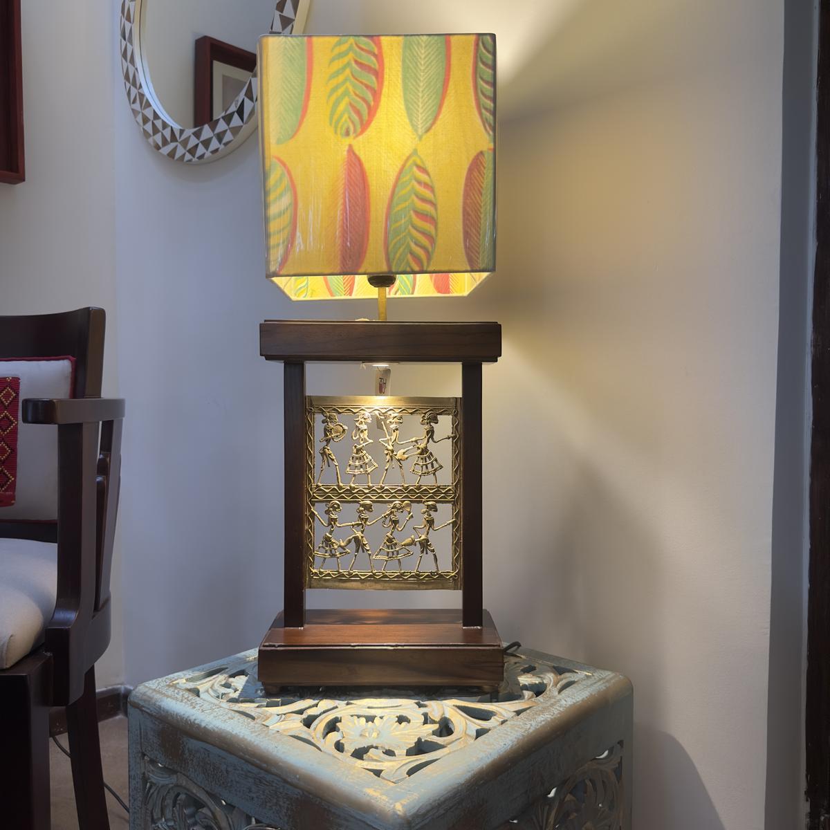 A Dhokra metal craft lamp with shade of block print fabric from Rajasthan at KhojCrafts, Indiranagar. A Dhokra metal craft lamp with shade of block print fabric from Rajasthan at KhojCrafts, Indiranagar.