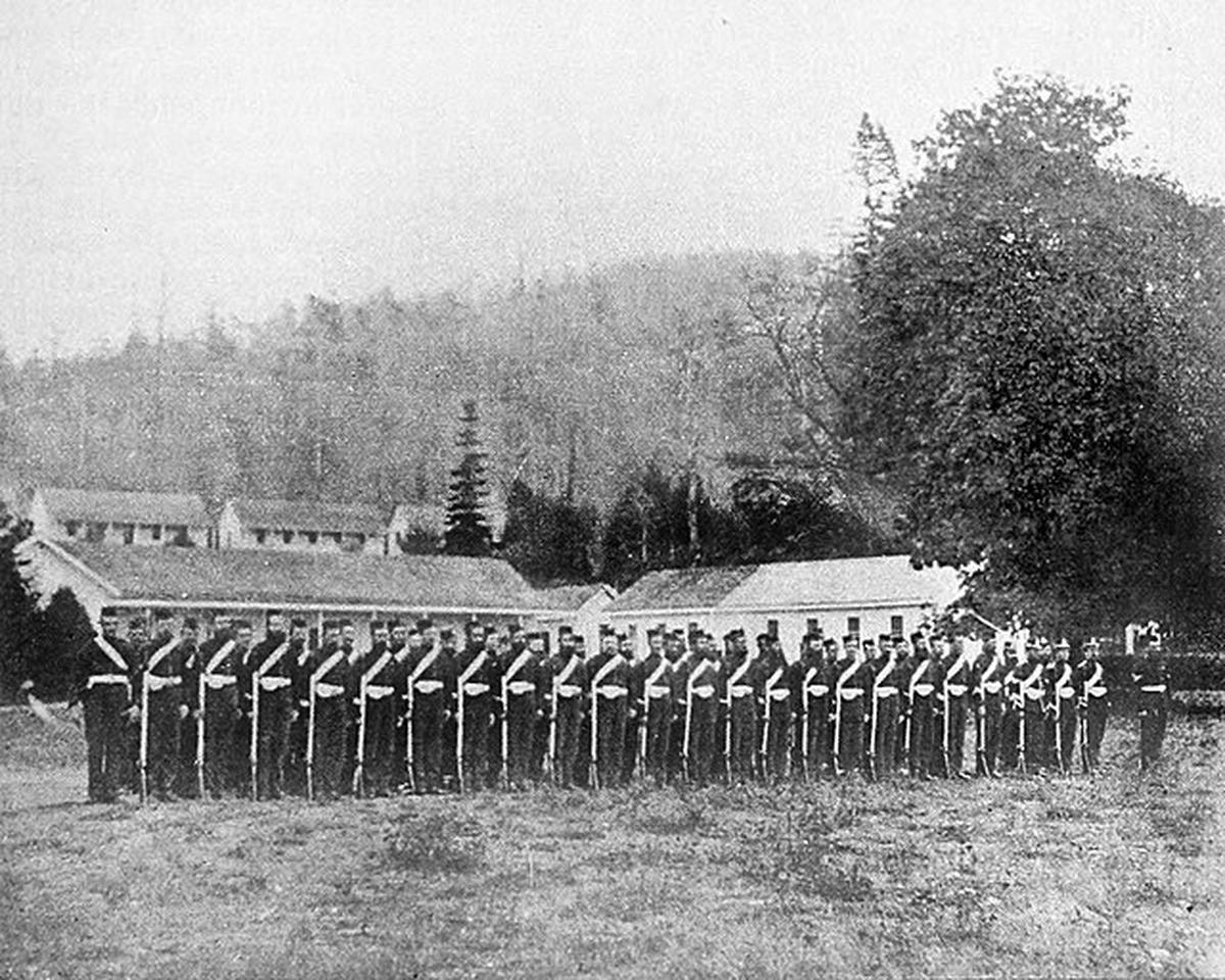 British troops evacuate English Camp on San Juan Island, Washington Territory, in 1872, following resolution of boundary dispute by arbitration. Restored version of the file “San Juan Island, Washington Terr, 1872” British troops evacuate English Camp on San Juan Island, Washington Territory, in 1872, following resolution of boundary dispute by arbitration. Restored version of the file “San Juan Island, Washington Terr, 1872”