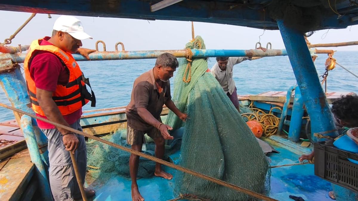 Wildlife officials checking the fishing net of a trawler during the raid.