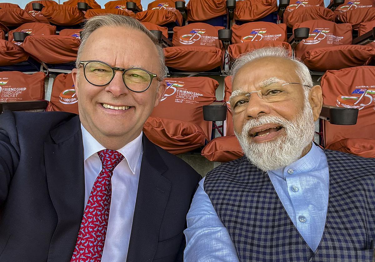 Prime Minister Narendra Modi with Australian Prime Minister Anthony Albanese during the fourth test cricket match between India and Australia.