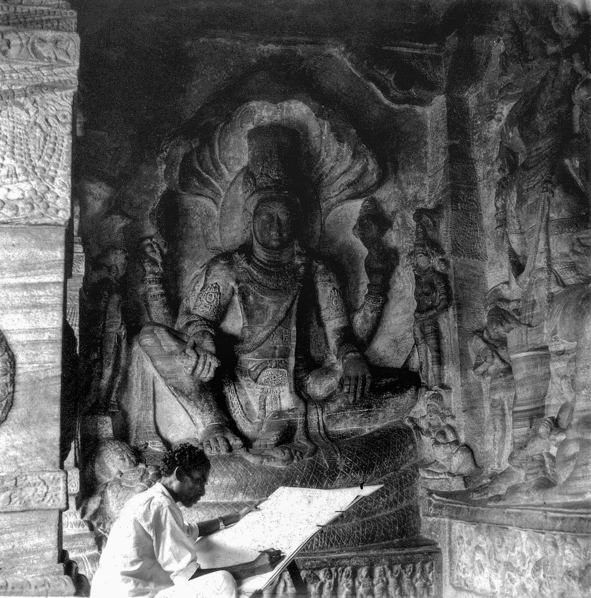Maniyam sketching during his visit to Badami