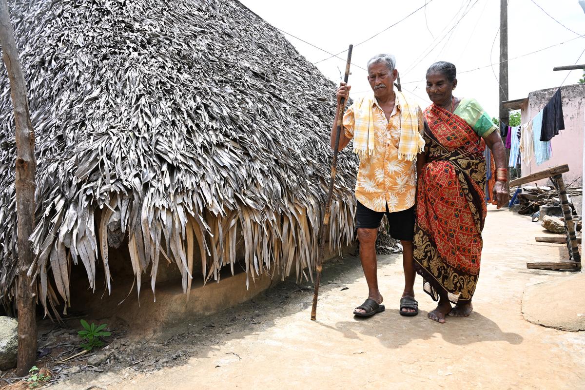 Elderly couple Polamma and D. Simhachalam heading to the health camp organised by the Health department in Bhadrayyapeta. 