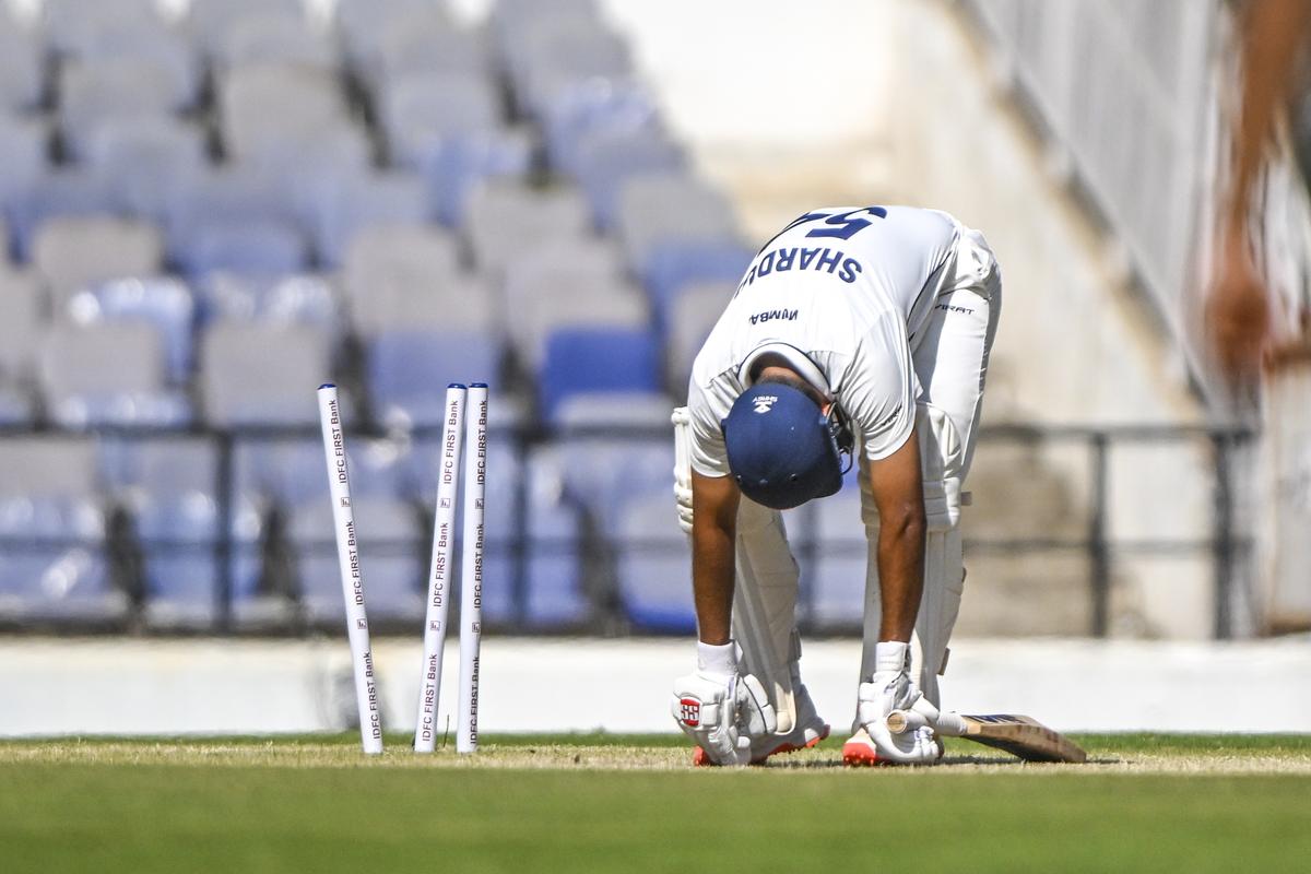 Mumbai’s Shardul Thakur is bowled by Vidarbha’s Yash Thakur during their Ranji Trophy semifinal at the Vidharba Cricket Association Stadium in Nagpur on Friday, February 21, 2025.
