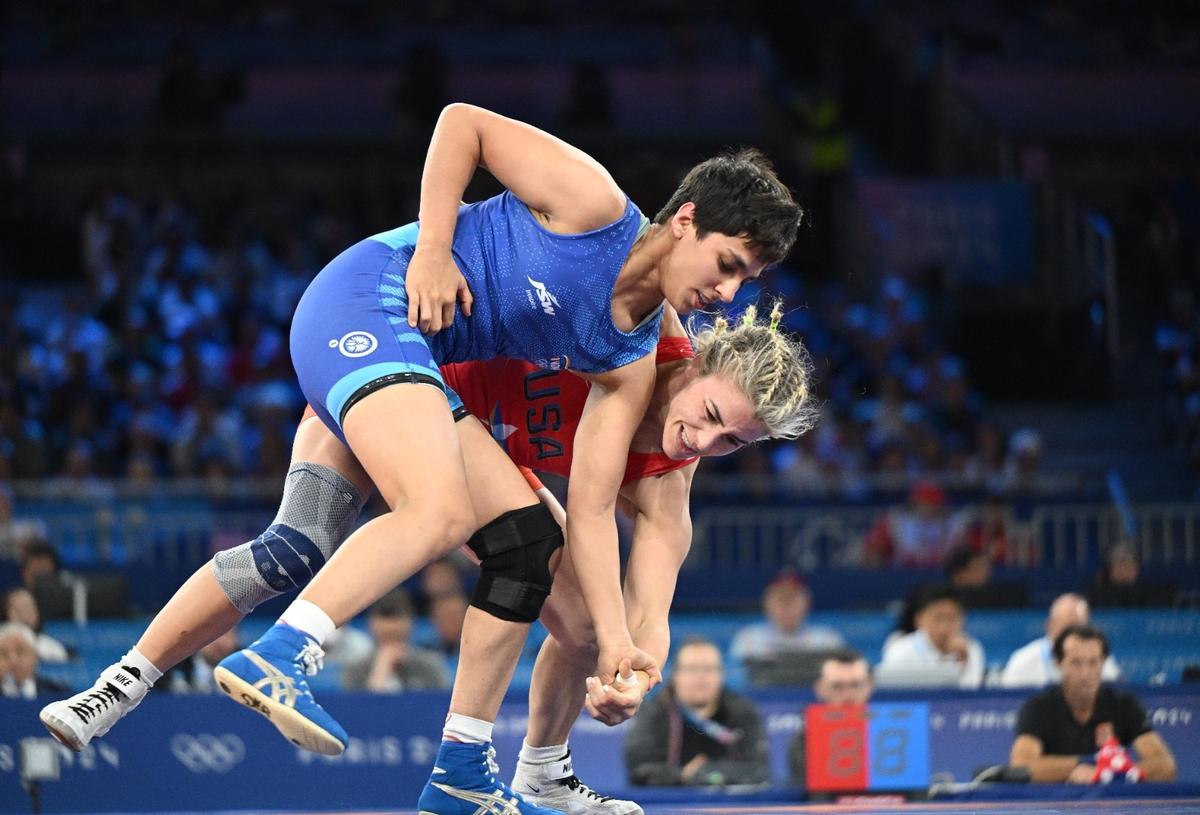 Anshu Malik lost her pre-quarterfinal match against U.S.’ Helen Louise Maroilis in 57kg in Champ-de-Mars Arena in Paris on August 8, 2024. 