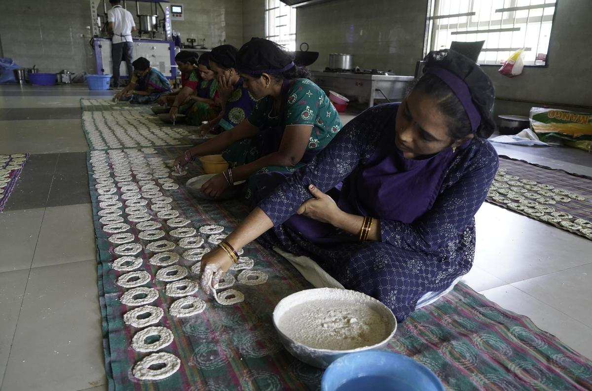 Women at the Sreedevi Swagruha Foods workshop in Nacharam.