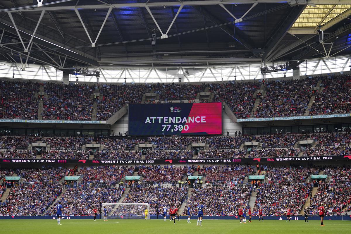 A general view of the big screen showing a record-breaking attendance of 77,390 fans during the Vitality Women’s FA Cup final at Wembley Stadium, London, Sunday, May 14, 2023. A world record crowd of 77,390 watched Chelsea beat Manchester United 1-0 in the Women’s FA Cup final at Wembley on Sunday. 