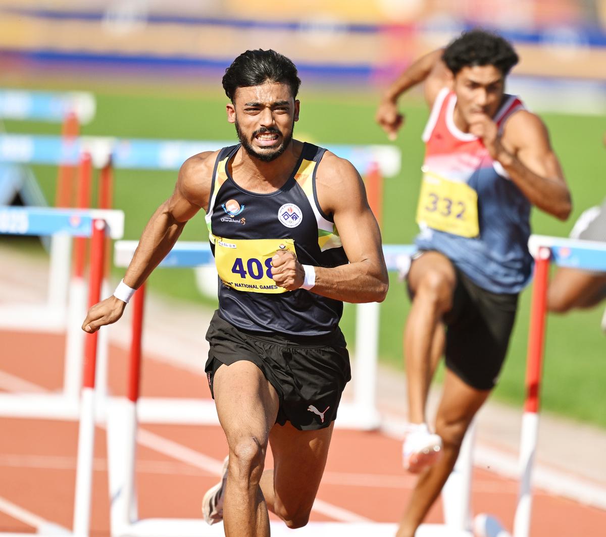 Tejas Ashok Shirse (408) of Maharashtra won the men’s 110m hurdles gold with a Games record at the 38th National Games in Dehradun on Sunday, 09 February 2025. 