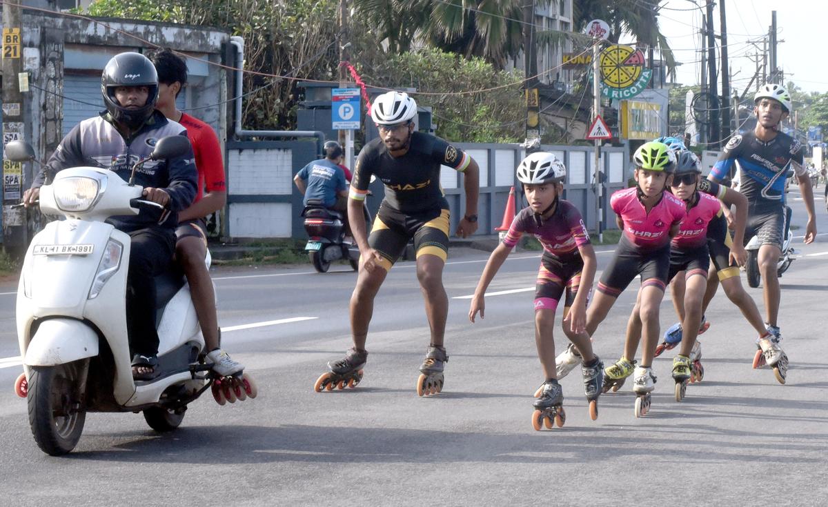 Skaters on Beach Road in Kozhikode on Wednesday during the general strike. 