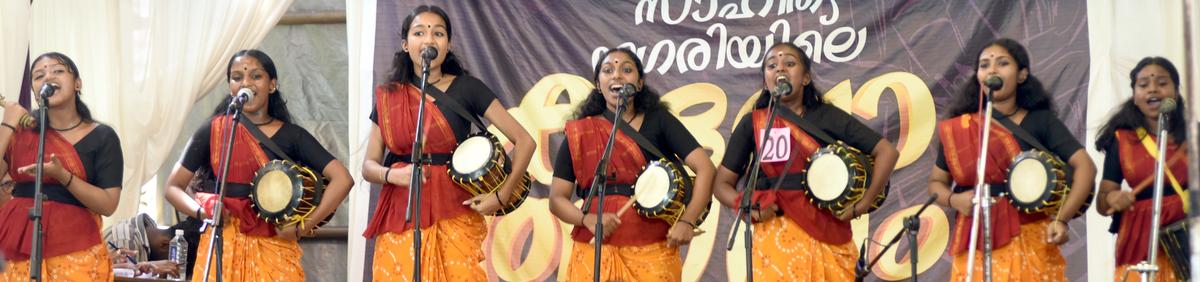 The team of GHSS, Panthalayani, presenting a Folk song (HS).