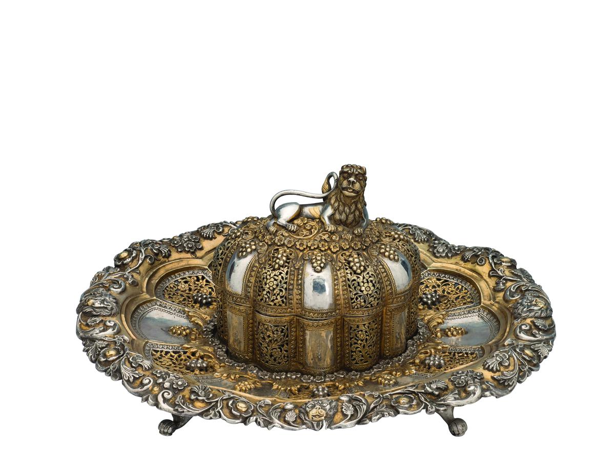 Silver and gold plated betel leaf container at Amrapali Museum in Jaipur.