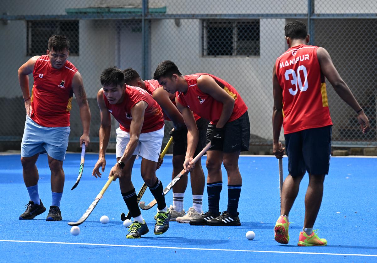 Manipur hockey team players at a training session at the Mayor Radhakrishnan Stadium, Chennai, on Thursday, during the 14th Hockey India senior men’s National championship. 