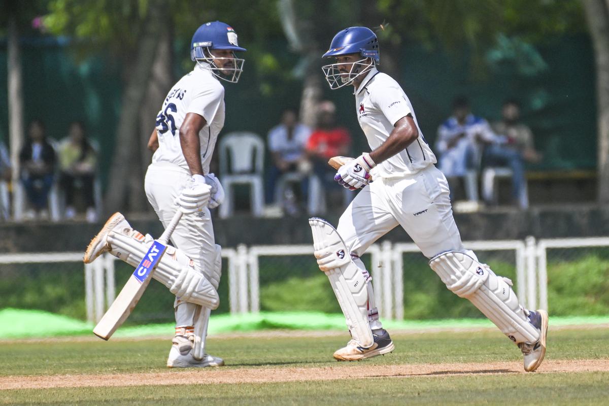 Ayush Mhatre and Shreyas Iyer in action on day 2 of the Ranji Trophy match between Mumbai and Maharashtra.