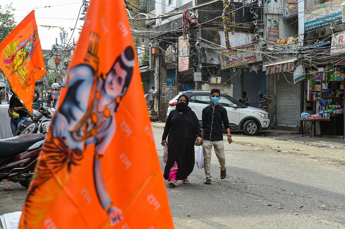  Flags with pictures of Lord Ram printed on them, ahead of the foundation laying ceremony of Ram Temple in Ayodhya, at Sadar market in Old Delhi. File.