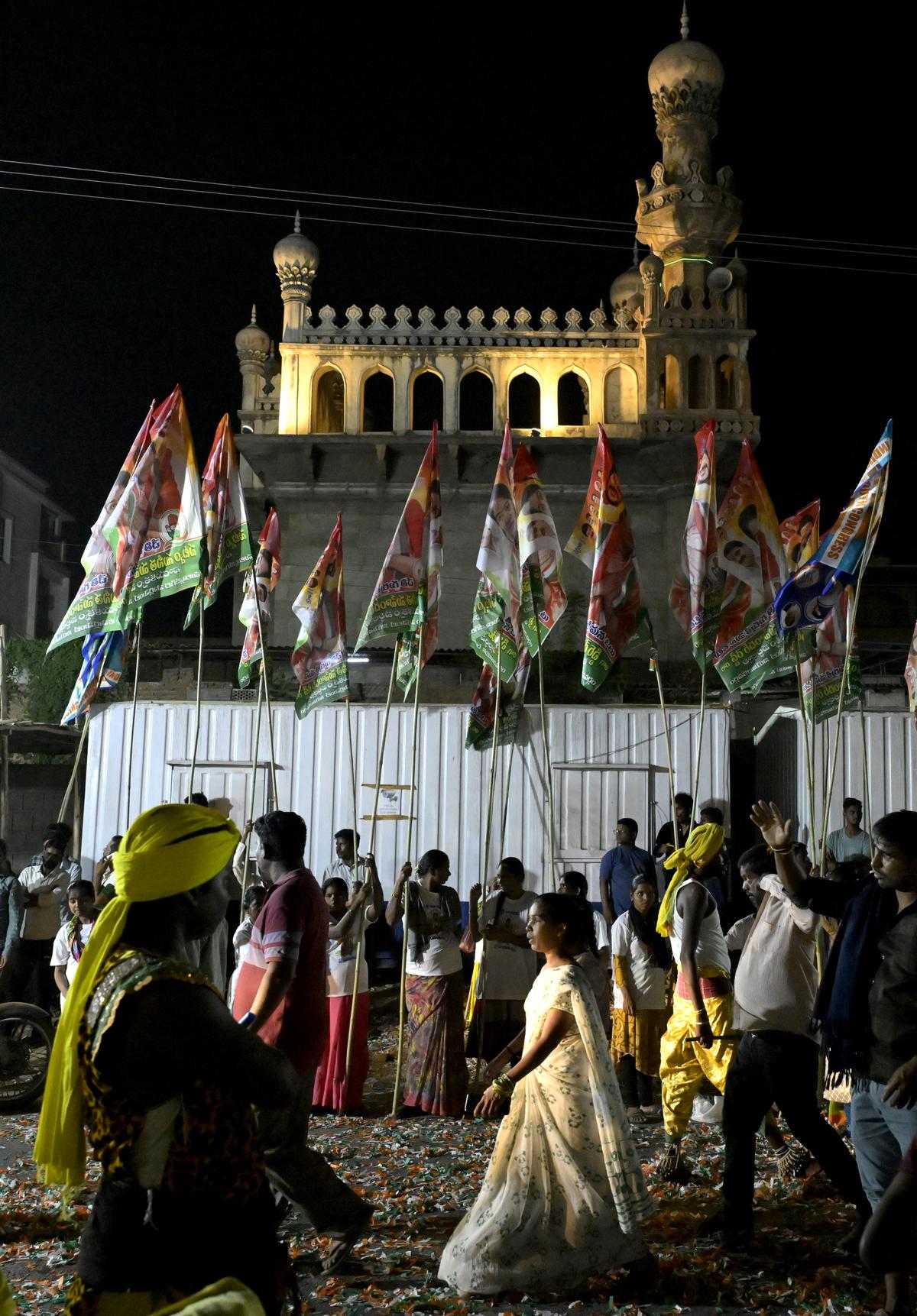 Congress supporters during Chief Minister and TPCC president A. Revanth Reddy election campaign at Uppal in Hyderabad on Monday.