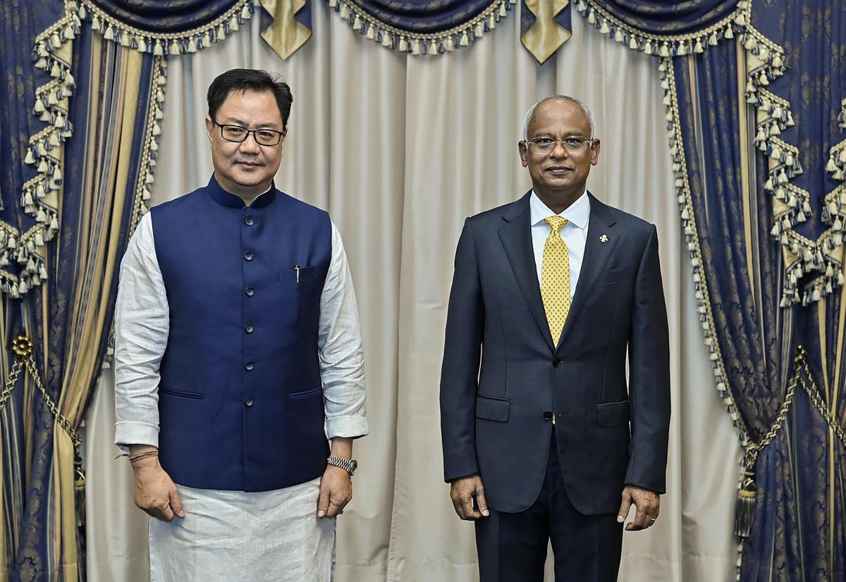 Union Minister of Earth Sciences Kiren Rijiju and Maldives President Ibrahim Mohamed Solih during a meeting, in Male, Thursday, Nov. 16, 2023. 
