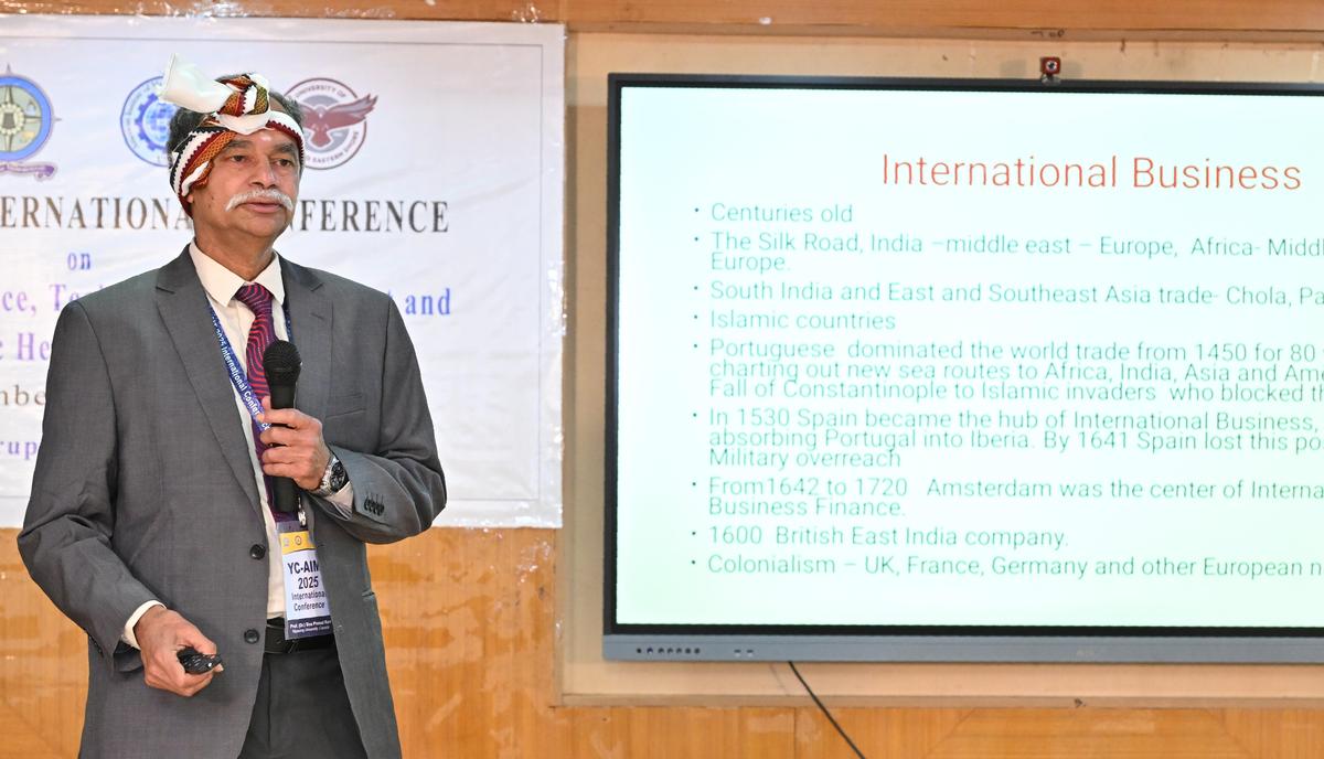 Siva Prasad Ravi, Professor of Nipissing University, Canada addressing at the international conference held at Yadava College in Madurai on Saturday. 