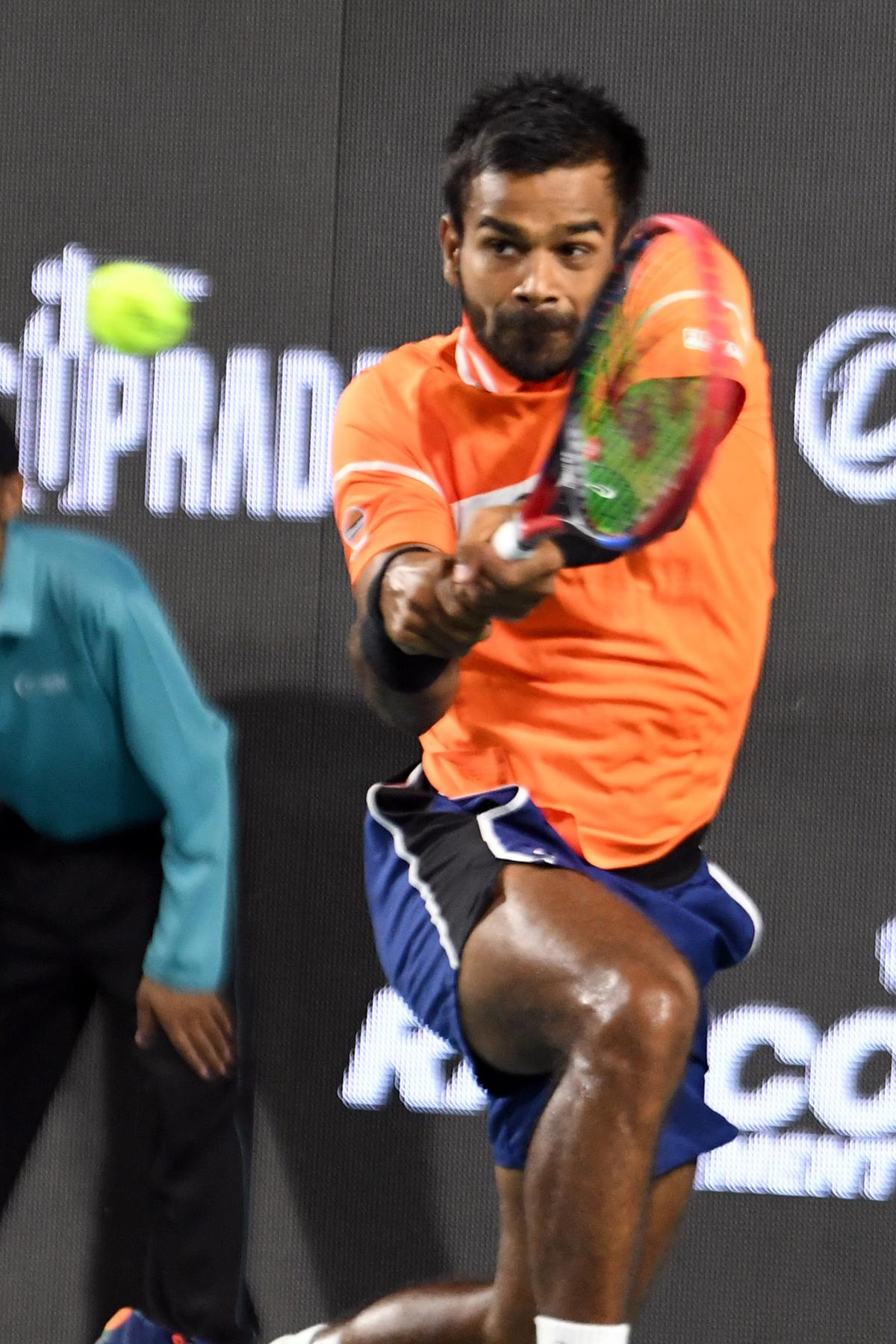 Sumit Nagal in action against Geoffrey Blancaneaux in the Bengaluru Open 2024 on Tuesday, February 13, 2024. Sumit Nagal in action against Geoffrey Blancaneaux in the Bengaluru Open 2024 on Tuesday, February 13, 2024.