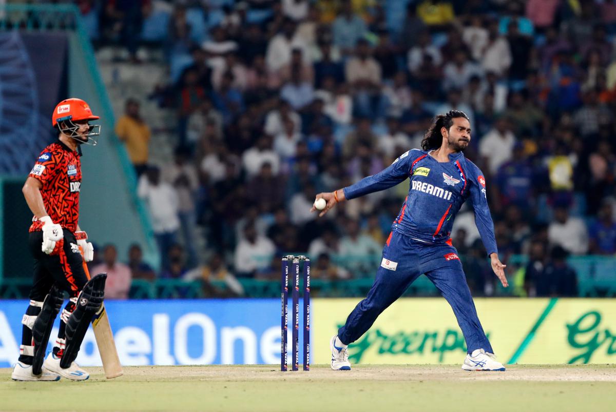 Lucknow Super Giants’ Digvesh Singh Rathi bowls during the Indian Premier League (IPL) 2025 match against Sunrisers Hyderabad, at Bharat Ratna Shri Atal Bihari Vajpayee Ekana Cricket Stadium in Lucknow. Lucknow Super Giants’ Digvesh Singh Rathi bowls during the Indian Premier League (IPL) 2025 match against Sunrisers Hyderabad, at Bharat Ratna Shri Atal Bihari Vajpayee Ekana Cricket Stadium in Lucknow.