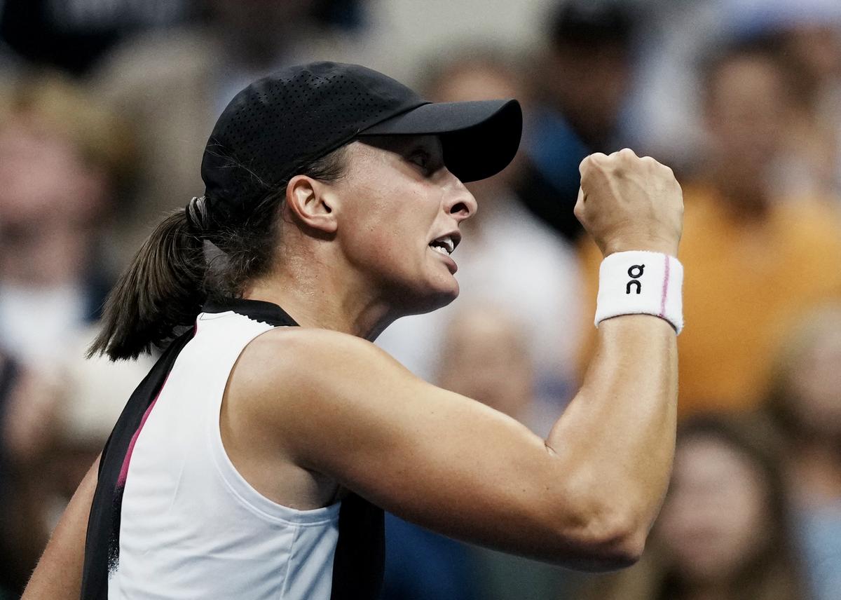 Poland’s Iga Swiatek celebrates winning her third round match against Russia’s Anna Kalinskaya.